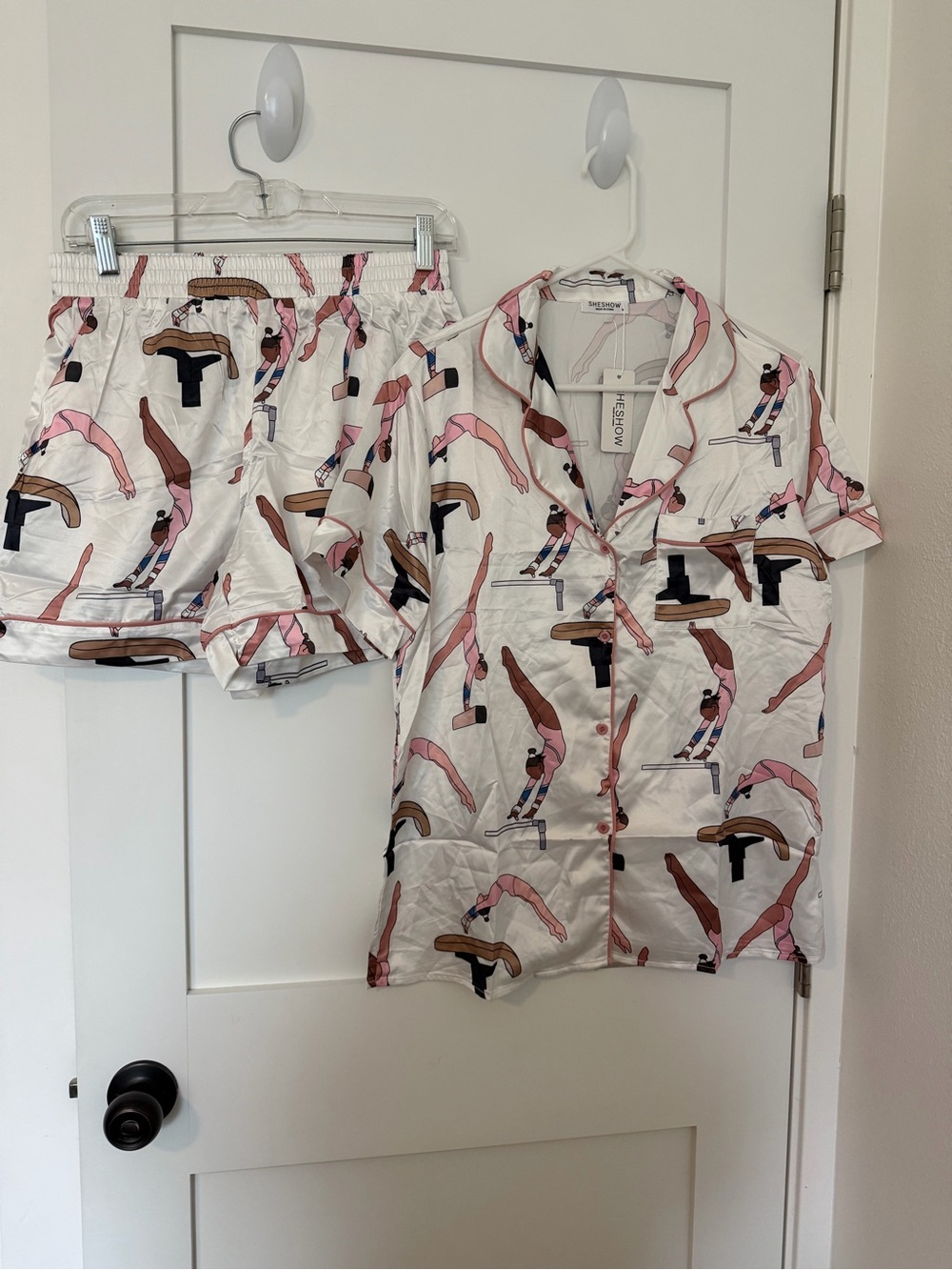 Sheshow Women's White & Pink gymnastics Print satin